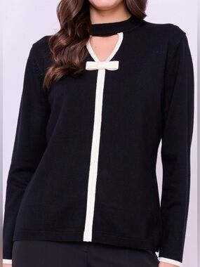Leo & Ugo Paris Women’s Bow Detail Cut-Out Neck Knit Sweater In Black/Ivory-14